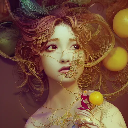 Image similar to the portrait of an absurdly beautiful, graceful, elegant, sophisticated, young idol made up of lemons, an ultrafine hyperdetailed illustration by kim jung gi, irakli nadar, intricate linework, bright colors, octopath traveler, final fantasy, unreal engine 5 highly rendered, global illumination, radiant light, detailed and intricate environment