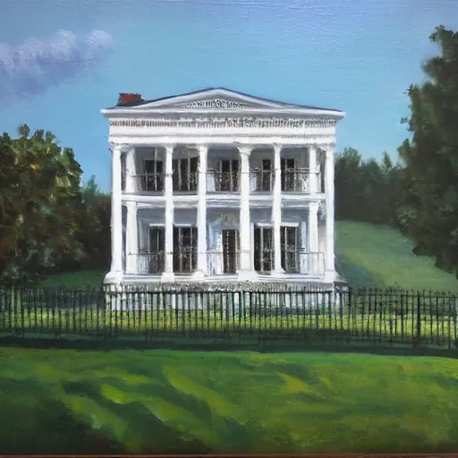 Prompt: oil painting of Greek Revival white mansion surrounded by a cast iron fence, dynamic lighting, award-winning