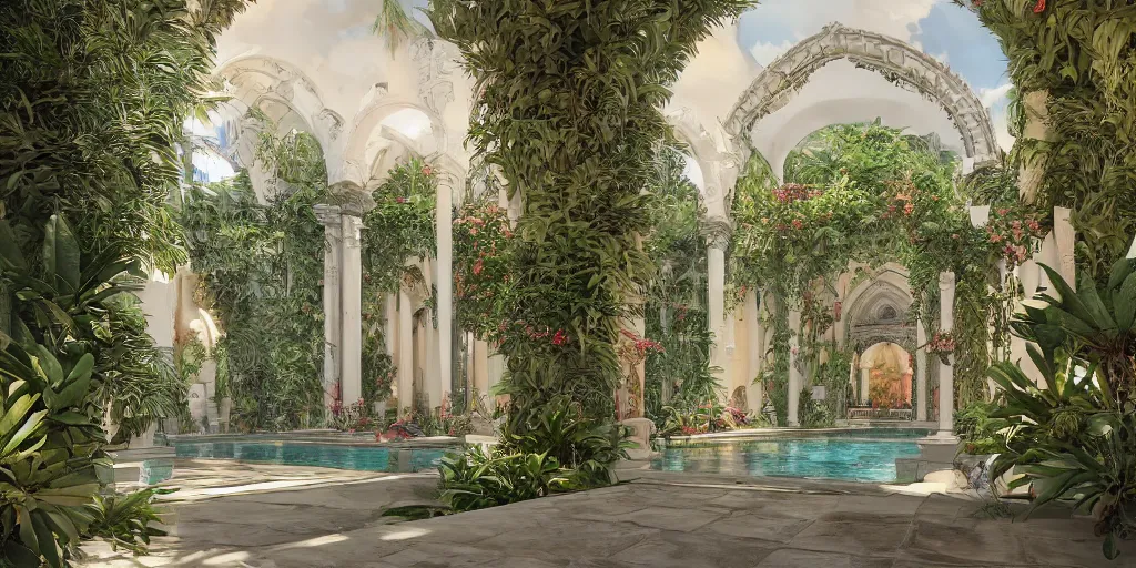 Prompt: cathedral interior with koi pond in the middle surrounded by palm trees, ivy, flowers, tropical plants, roses, and with archways. rendered in octane render with photorealistic lighting, leyendecker, greg rutkowski, artgerm