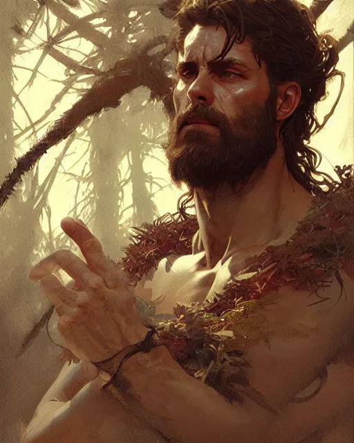 Prompt: god of the forest, rugged, male, detailed face, muscular, intricate, highly detailed, digital painting, artstation, concept art, sharp focus, illustration, art by greg rutkowski and alphonse mucha