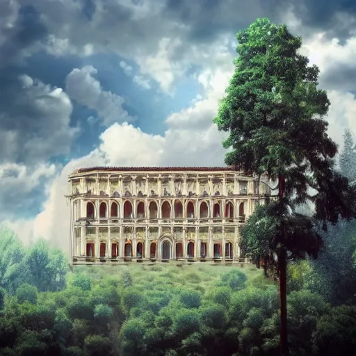 Image similar to a renaissance palace, beautiful tall trees, clouds in the sky, hyperrealistic