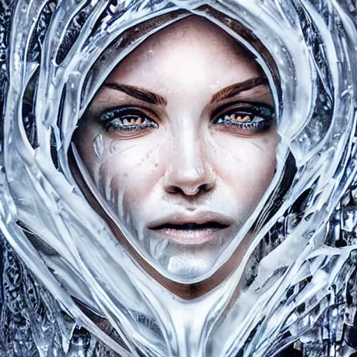 Image similar to woman portrait made out of ice, beautiful, cyborg, comic book art