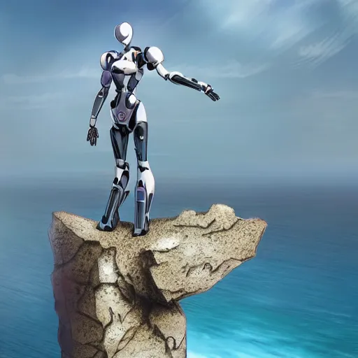Image similar to ( anime!! humanoid robot ) ( standing on top of a large cliff ) overlooking the sea, anime!! artistic artstation