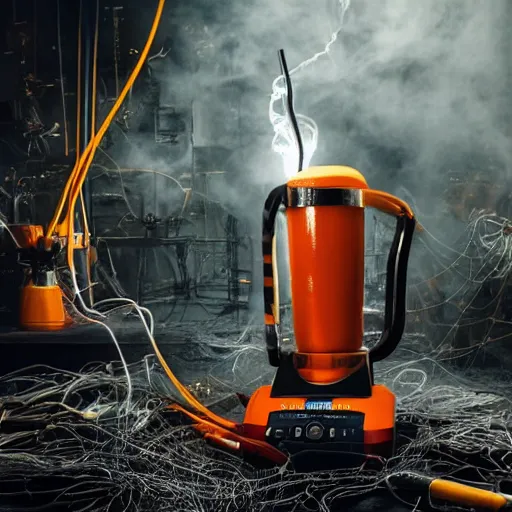 Image similar to smoothie blender, tangles of metallic cables, dark messy smoke - filled cluttered workshop, dark, dramatic lighting, orange tint, sparks, plasma charges, cinematic, highly detailed, sci - fi, futuristic, movie still