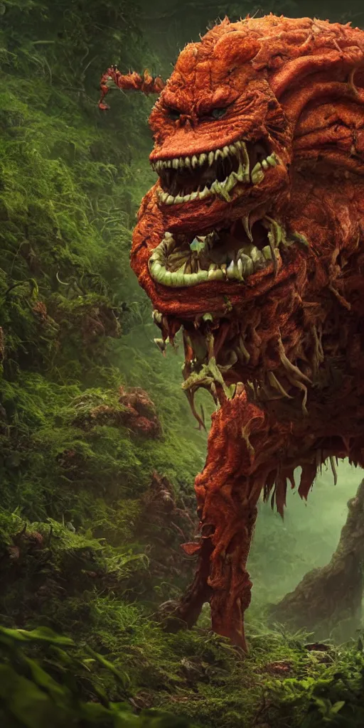 Prompt: an angry orange hybrid with a mouth and purple eyes, surrounded by a green forrest, moody , lovecraft, giger, ridley scott, zack snyder, Fenghua Zhong, realistic cinematic lighting, establishing action shot, ultra detailed, hyper realism, photo, octane render