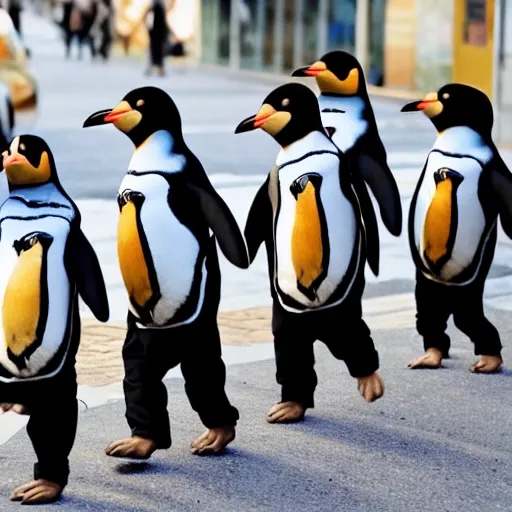 Prompt: penguins carrying school bags on the street,photorealistic