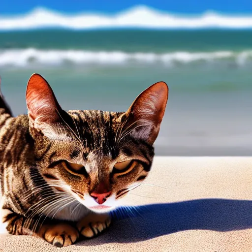 Prompt: realistic photo of an anthropomorphic cat chilling out on the beach