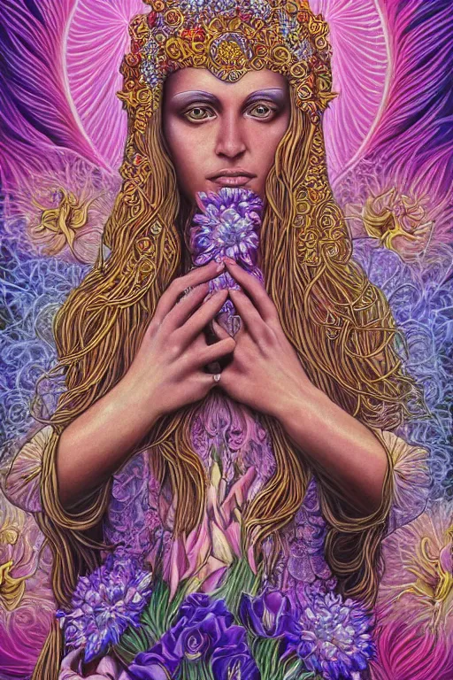 Image similar to goddess of souls holding beautiful flowers in her hands, epic, cinematic, by alex grey