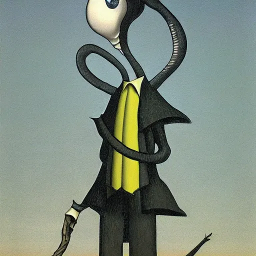 Prompt: squidward as a dark souls boss by René Magritte