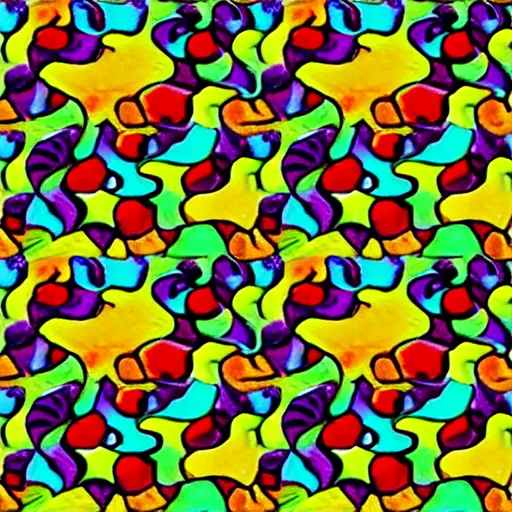 Image similar to colorful 3 d autostereogram illusion puzzle with psychedelic mushrooms dancing among a tie dye desert of peyote | symmetrical seamless tile