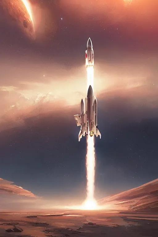 Image similar to poster artwork. distant rocket taking off. on the horizon. during golden hour. symmetry. washed out. desaturated. art by wlop, mars ravelo and greg rutkowski.