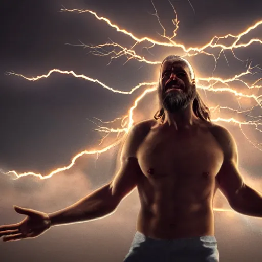 Image similar to zeus with his hand in the air calling down a lighting strike, 8k super detailed, highly detailed, ultra hd, professional digital art, artistic, cinematic,