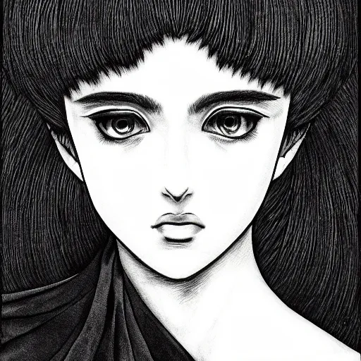 Prompt: Portrait of a beautiful woman, black and white, by Kentaro Miura