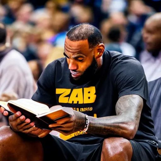 Prompt: professional close up shot photograph of lebron james reading a book while in an nba game, award - winning photograph, highly detailed, dramatic posing, 8 k quality, high quality