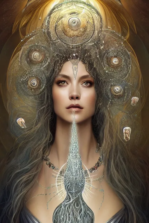 Image similar to a centered render of an mystical wild goddess with wearing ornate silver and gemstones and crystal clothing surrounded by flowing liquid gallium jellyfish and sacred geometry, perfect body and face, gorgeous, cinematic, beautifully lit, by artgerm, by karol bak, by donato giancola, 3 d, trending on artstation, octane render, 8 k