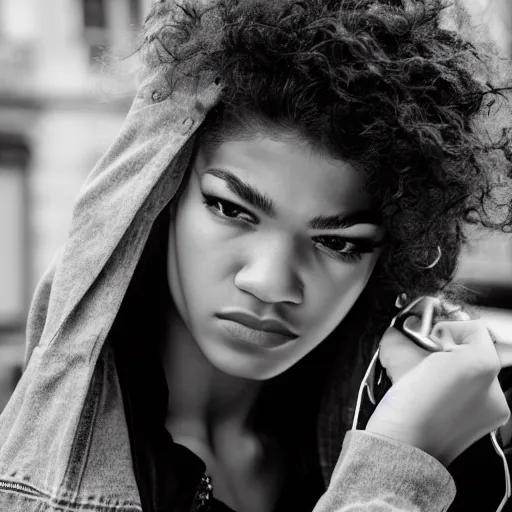 Image similar to black and white fashion photograph, highly detailed portrait of a depressed Zendaya as a drug dealer on a busy Paris street, detailed face looking into camera, eye contact, natural light, rain, mist, lomo, fashion photography, film grain, soft vignette, sigma 85mm f/1.4 1/10 sec shutter, Daren Aronofsky film still promotional image, IMAX 70mm footage