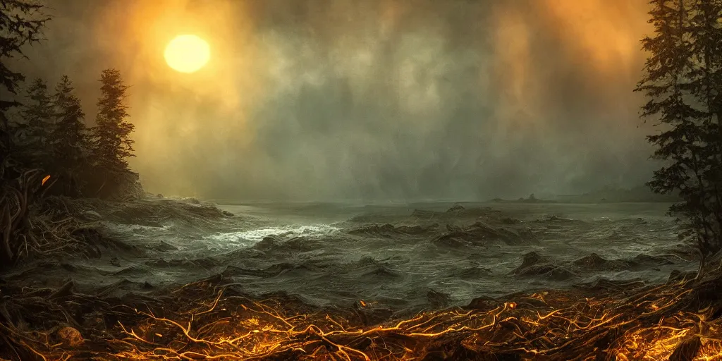 Image similar to epic a long shoreline on the edge of a dark forest and hills with evil eyes glowing between trees, drowned medieval woman shipwrecked on the shore, far in the distance is a vertical beam of light, dramatic dark glowing golden neon sunset, dynamic lighting, hyperrealistic, hd 4 k, artstation