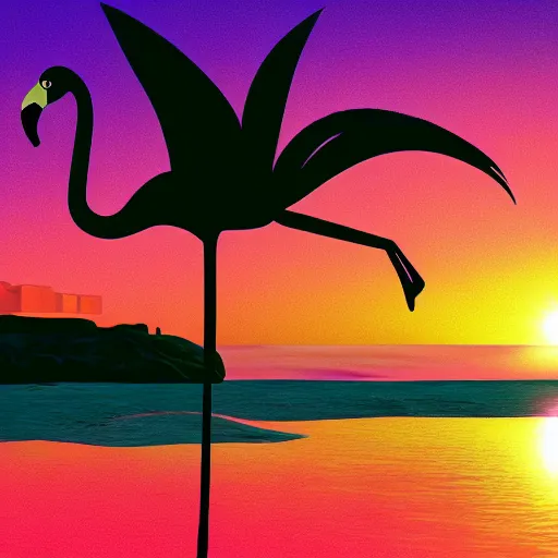 Prompt: pink flamingo on the beach under the sunset, gta artstyle, artstation, macro, highly intricate, vibrant, digital, wide shot, portrait, hd, cinematic, dramatic, ultra detailed, 8 k, 4 k