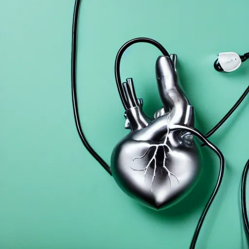 Image similar to human anatomical heart of a 14yo boy listening to music on clean shiny silver headphones, hyper realistic, background green cotton surgical sheet
