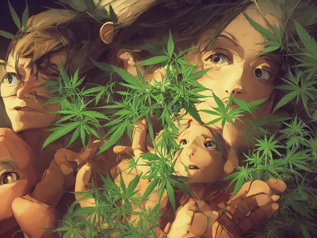 Image similar to cannabis! hemp! marijuana! kid face, behance hd by jesper ejsing, by rhads, makoto shinkai and lois van baarle, ilya kuvshinov, rossdraws global illumination, golden ratio, symmetrical beauty face