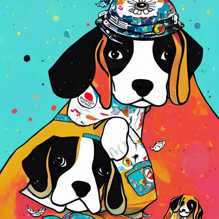 Image similar to a beagle puppy sleeping in a captains uniform by jeremiah ketner, Martine Johanna and Takashi Murakami, and Sandra Chevrier, digital art