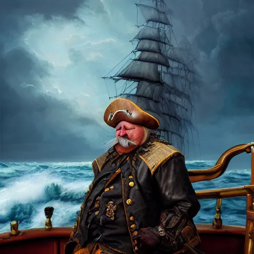 Prompt: portrait of a stern looking old walrus who is a pirate captain on a pirate ship, dark storming sea and thunderstorm with lightning in the background, dark clouds, oil painting by alexander roslin, 4k, concept art highly detailed, trending on artstation, fantasy matte painting