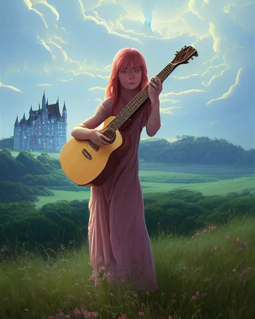 Prompt: highly detailed surreal vfx portrait of a girl holding a guitar looking at a castle in the distance, stephen bliss, unreal engine, greg rutkowski, loish, rhads, beeple, makoto shinkai and lois van baarle, ilya kuvshinov, rossdraws, tom bagshaw, alphonse mucha, global illumination, detailed and intricate environment