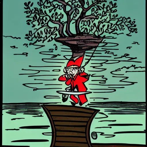 Prompt: neat ink drawing of cartoon wizard stuck in the top of the roof, in the tree, above the sea, by Bill Waterson,