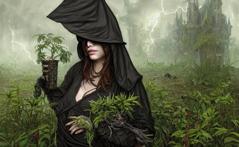 Image similar to female plague doctor overgrown by plants, creeping ivy, drowning, heavy rain, wind, thunder, reflections, deep focus, d & d, fantasy, intricate, elegant, highly detailed, digital painting, artstation, concept art, matte, sharp focus, illustration, hearthstone, art by artgerm and greg rutkowski and alphonse mucha