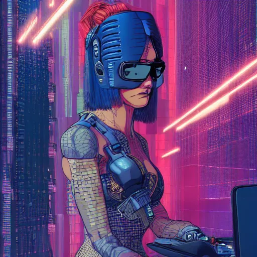 Image similar to a gorgeous cyberpunk hacker, centered in the frame, cyberpunk concept art by Jean Giraud and josan gonzales, digital art, highly detailed, intricate, sci-fi, sharp focus, Trending on Artstation HQ, deviantart, 4K UHD image