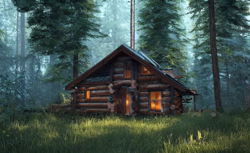 Prompt: biopunk cabin in a photorealistic forest. daylight stars. light fixtures. unreal engine. 8K. detailed. photorealism. artstation. digital render. ultra realistic