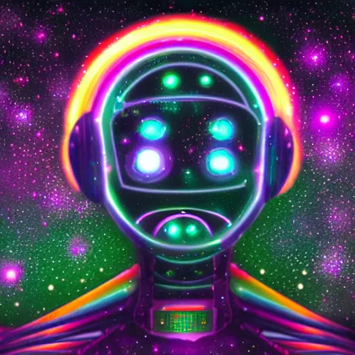 Image similar to sentient robot comprised of star dust and galaxies with a meteor belt halo, rainbow diffraction, anime, vhs distortions