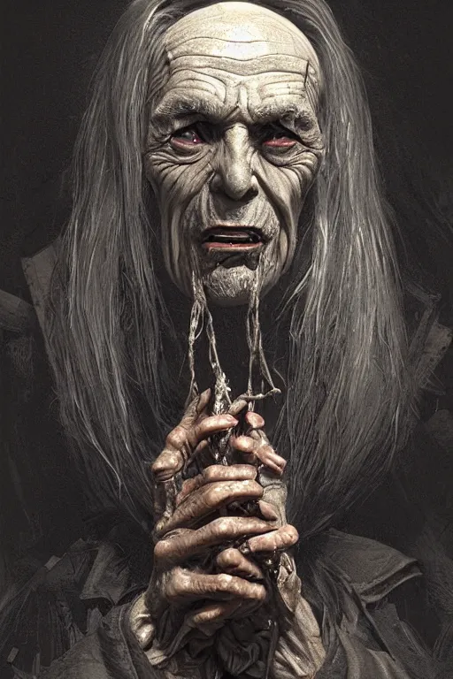 Prompt: portrait of a old vampire with long bear, intricate wrinkles, dystopian terror, night light, extremely detailed, hands, digital painting, lighting by candles, sculpted in zbrush, artstation, concept art, smooth, sharp focus, illustration, chiaroscuro lighting, golden ratio, incredible art by Stanley Artgerm Lau and Greg Rutkowski, composition by Alphonse Mucha and Simon Stalenhag