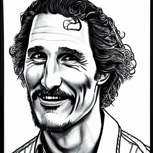 Image similar to a portrait drawing of Mathew McConaughey drawn by Robert Crumb