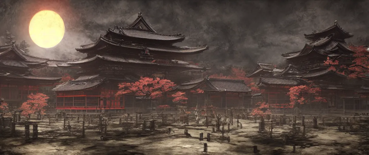 Image similar to gothic Japanese Shinto temple, concept art, digital painting, matte painting, in the style of sekiro, Bloodborne, dark souls, demon souls, dark, night time, volumetric lighting, large scale, high detail, trending on art station, view from afar