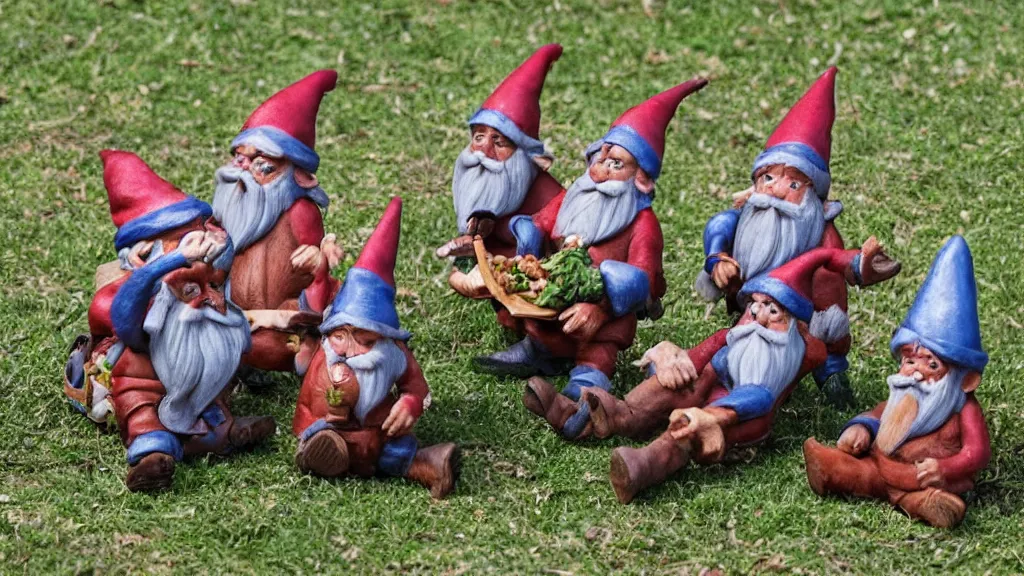 Prompt: a pack of gnomes feasting on a gazelle