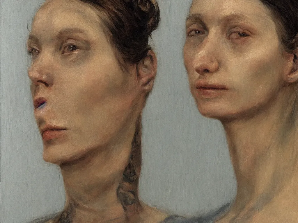 Image similar to very close up portrait of a young tattooed blind woman. painting by borremans