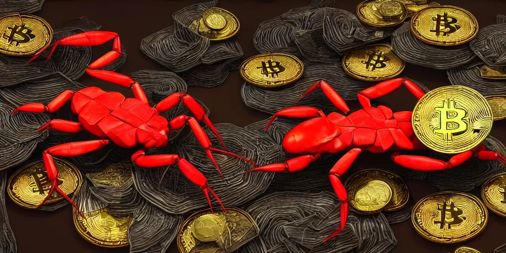 Image similar to a red scorpion with yellow scorpion tail on top of cryptocurrency coins, lots, of gems, diamonds photorealistic, unreal engine 5, octane render, volumetric light, cg society, 4 k, bokeh, lada car, artstation treasure trove sparkling on the floor of an ornate stone vault, by justin gerard and haeckel.