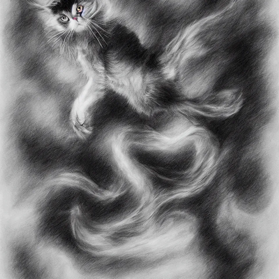 Image similar to pencil drawing , ghost cat , flying cat , Tim burton , high-quality, well detailed , HD