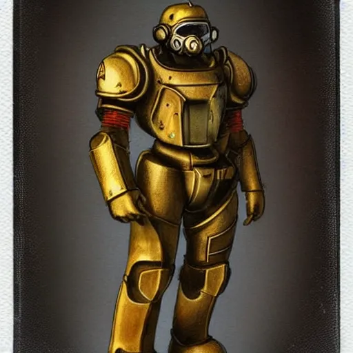 Image similar to polaroid hyper realistic fallout New Vegas brother hood of steel paladin in t-51b power armor by Tarkovsky