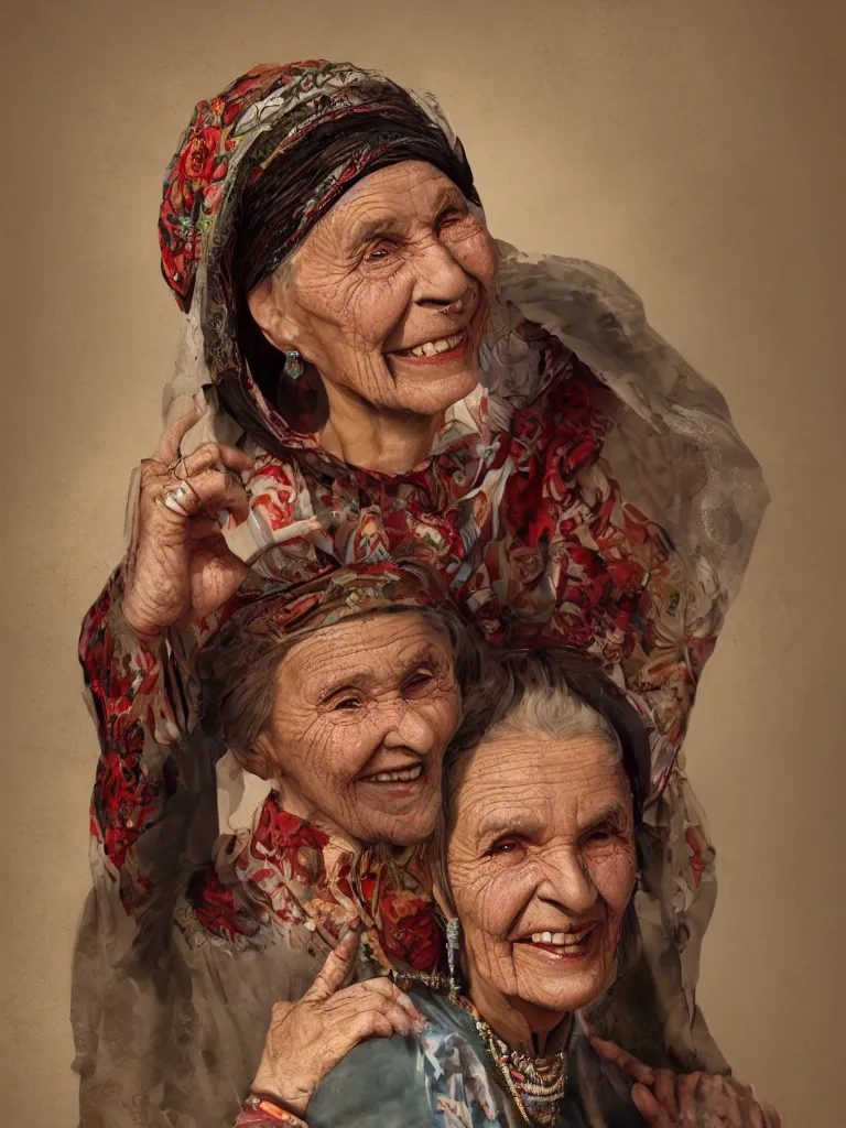 Image similar to picture of an old bulgarian woman, smiling, traditional clothes, cinematic, high quality, cgsociety, artgerm, 4K, UHD, trending on ArtStation