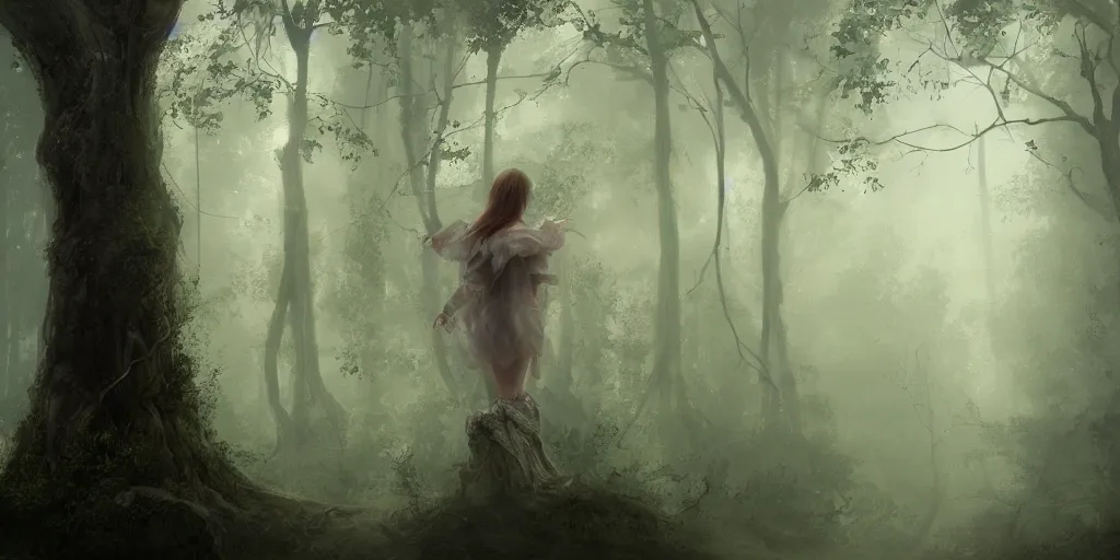 Prompt: a wood spirit in the trees with misty will o the wisp, photorealistic, by wlop, 4 k resolution h 7 6 8