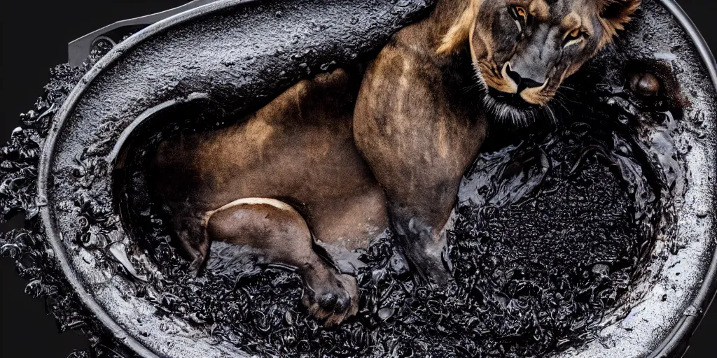 Prompt: a black lioness made of ferrofluid bathing inside the bathtub full of tar, covered with tar. dslr, photography, realism, animal photography, color, modern bathroom, hyper realistic, 8 k resolution, unreal engine 5, raytracing