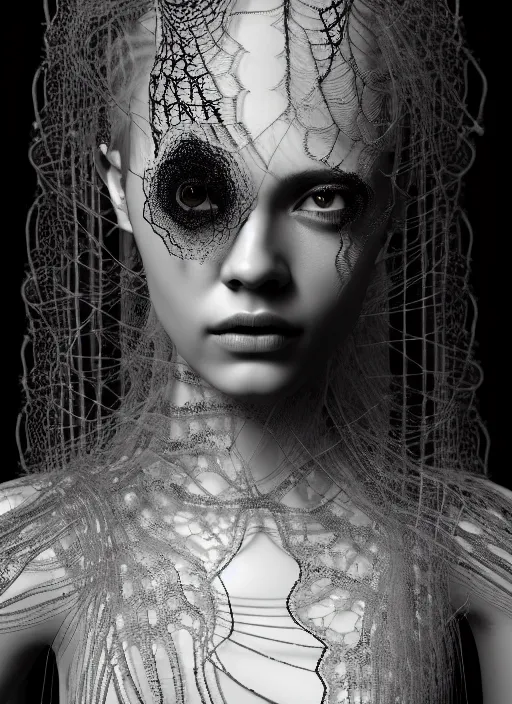 Image similar to surreal mythical dreamy dark artistic black and white fine art photo of a beautiful young female medusa - cyborg covered with lace fish scales and translucent algae, highly detailed, intricate crystal ivy jelly fish scales ornate, lace web, poetic, octane render, 8 k, photo - realistic