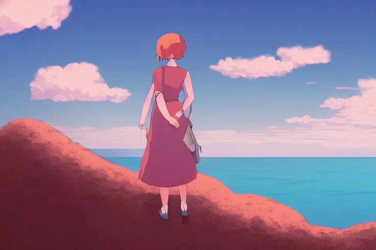 Image similar to A cell animation of a young woman looking out over the sea, Miyazaki Hayao, ghibli style, illustration, azure tones, vintage colors, large clouds visible, anime, trending on artstation