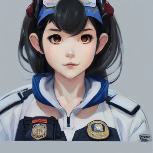 Image similar to Stunning Portrait of D.VA from Overwatch wearing a police uniform by Kim Jung Gi, holding handcuffs in one hand Blizzard Concept Art Studio Ghibli. oil paint. 4k. by brom, Pixiv cute anime girl wearing police gear by Ross Tran, Greg Rutkowski--cfg_scale 12