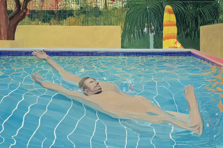 Prompt: emmanuel macron swimming in a pool in california house, by david hockney, peter doig, lucien freud, francis bacon, bouguereau,