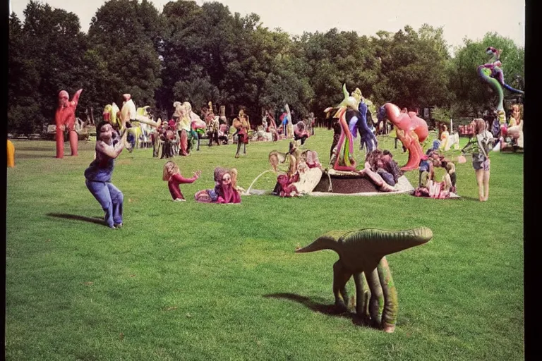 Image similar to full - color 1 9 7 0 photo of : view from a back porch of a lawn with a giant doing cartwheels, a statue wearing high - heels, happy creatures dancing, a dinosaur - victrola, tambourines and elephants playing in the band, a magician summoning a wondrous apparition, and people riding on a flying spoon.