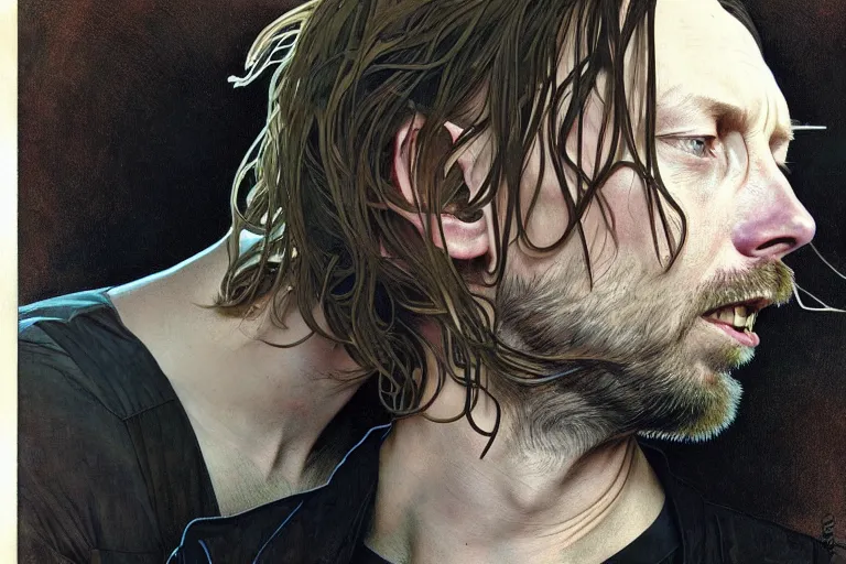 Image similar to hyper realistic portrait of thom yorke singer songwriter, side, liminal space, by lee bermejo, alphonse mucha and greg rutkowski