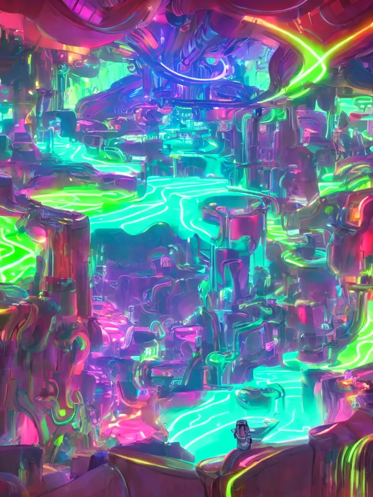 Image similar to glowing neon fluid flowing through mekanism pipes by disney concept artists, blunt borders, rule of thirds